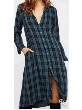 Free People x CP Shades Cotton Soft Plaid Blue Brown Shirt Dress Size Medium